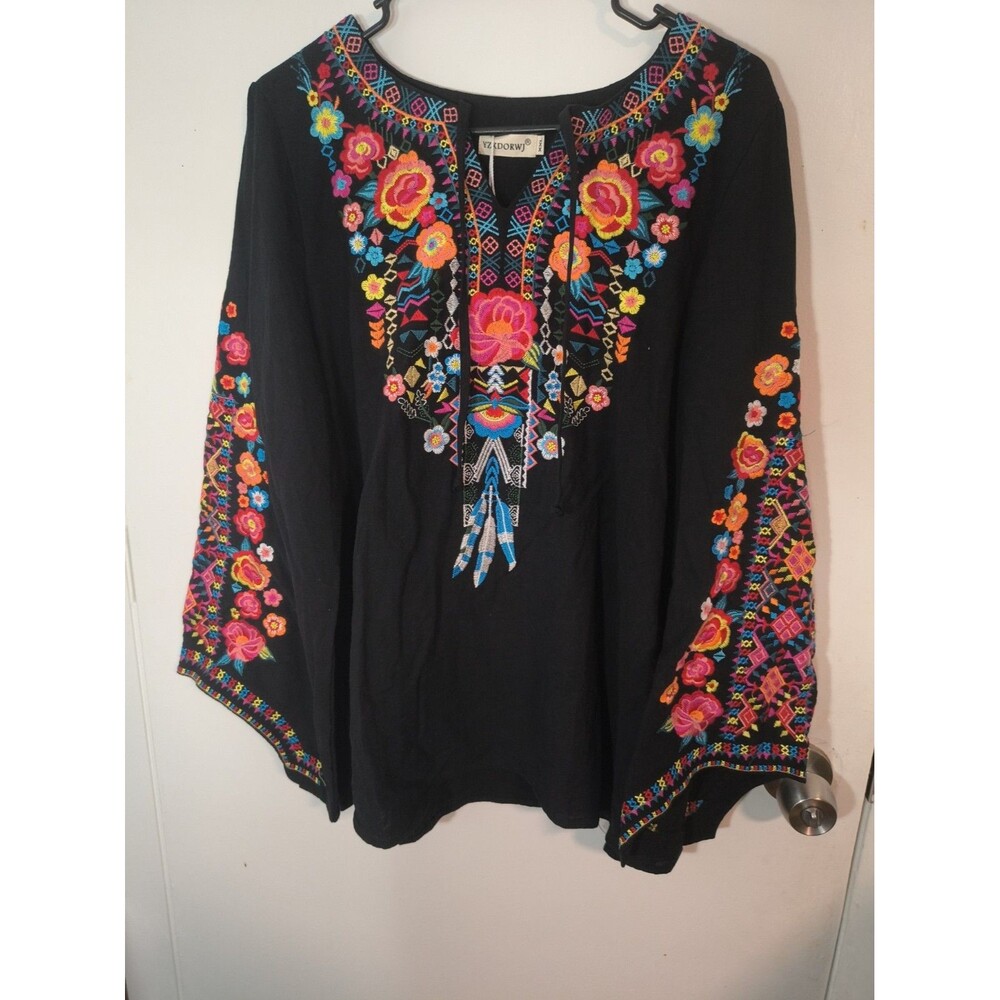 NWT Womens Yzxdorwj Black Floral Embroidered Mexican Style Peasant Top  XXL